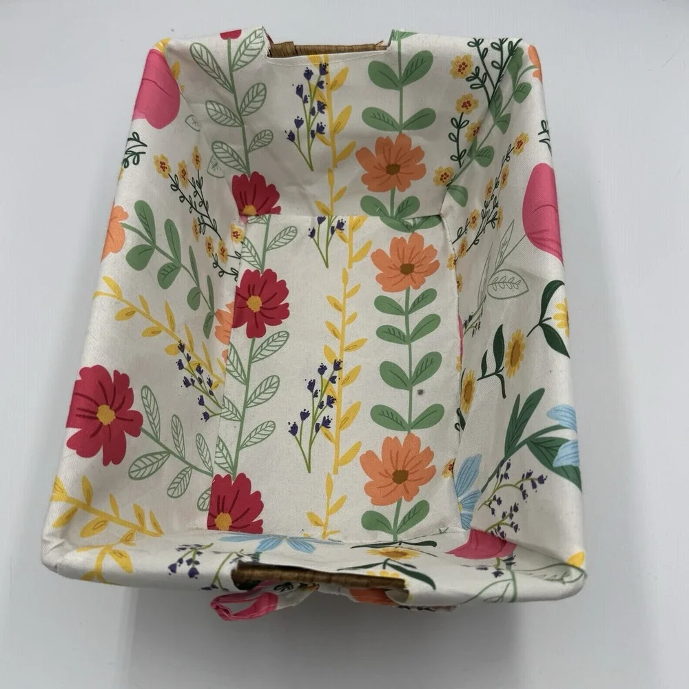 Wicker Storage Basket w/ Handles, Floral Fabric Liner, Rectangular 12x8x5 in